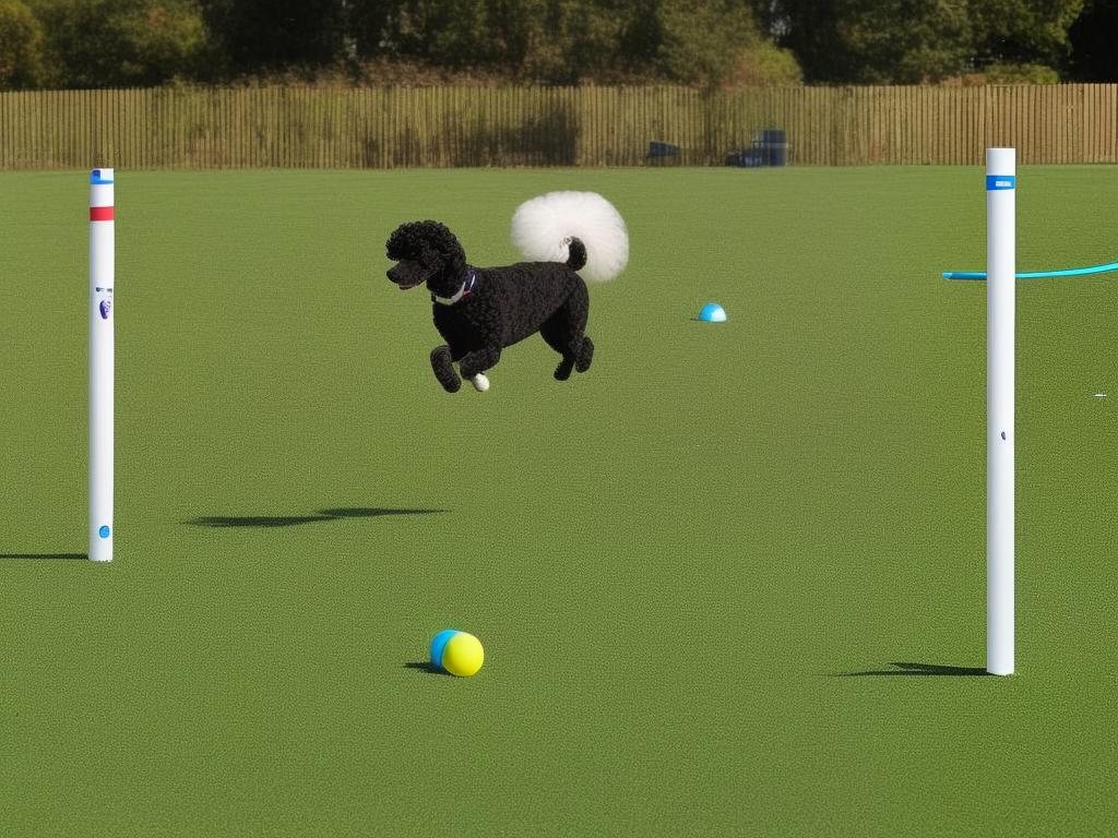 A poodle running through an agility course, jumping through a tire and weaving through poles.