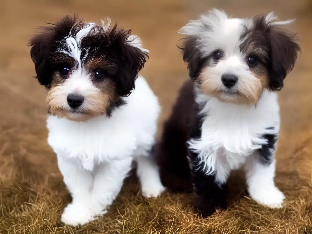 A small dog with curly and fluffy hair that’s a mix of brown, white, and black. It has a happy expression and is looking straight at the camera.