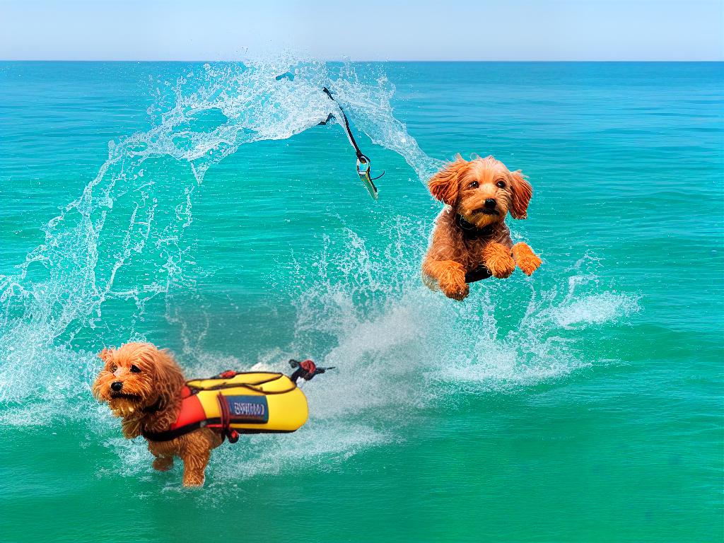 A picture of a Cockapoo dog swimming in the water with a life jacket and leash.