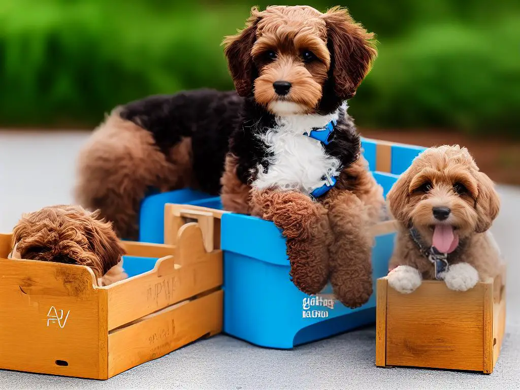 An image of a happy Cockapoo sitting next to a crate, leash and collar with a toy and treat nearby.