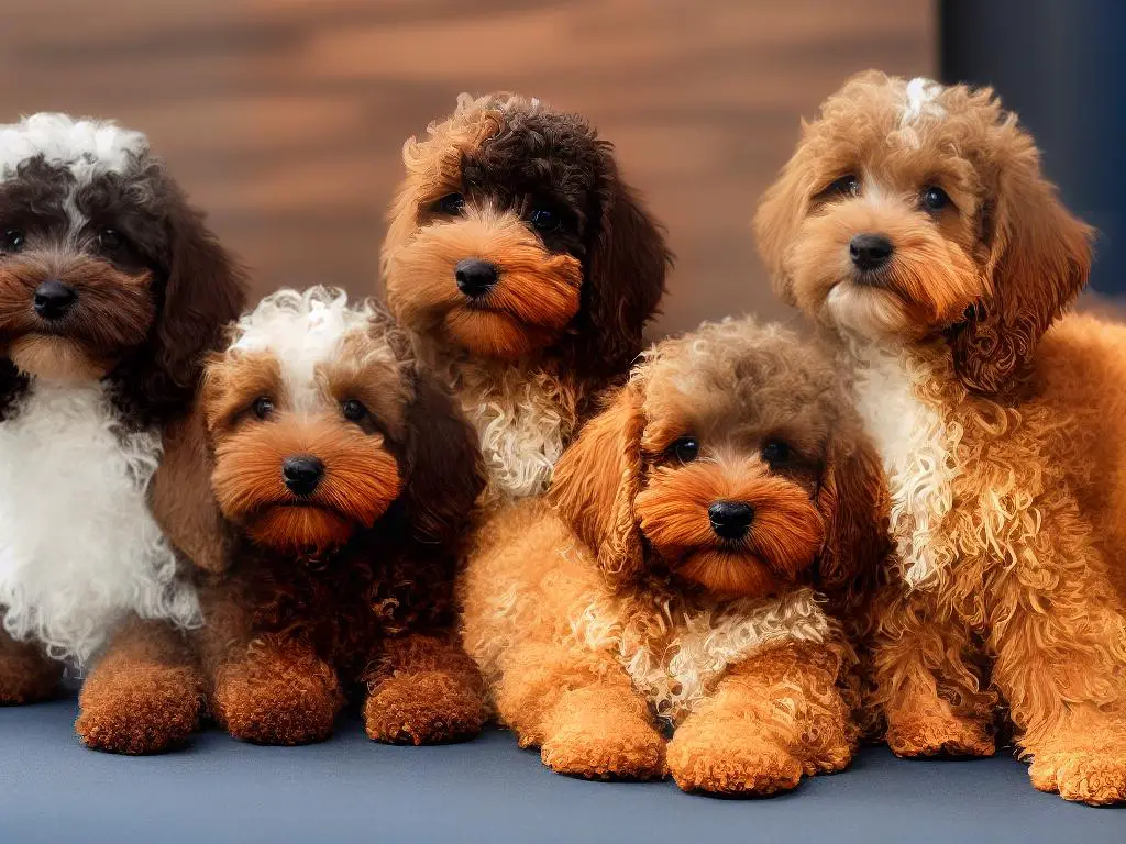 Image of a Double Doodle with curly or wavy fur in various colors, such as cream, gold, brown, and black.