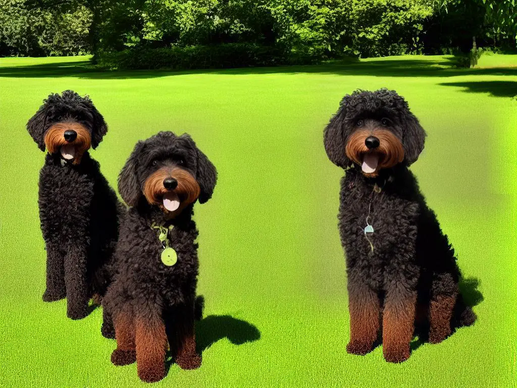A photo of a Double Doodle standing in a park with a lush green background and its curly coat shining in the sunlight.