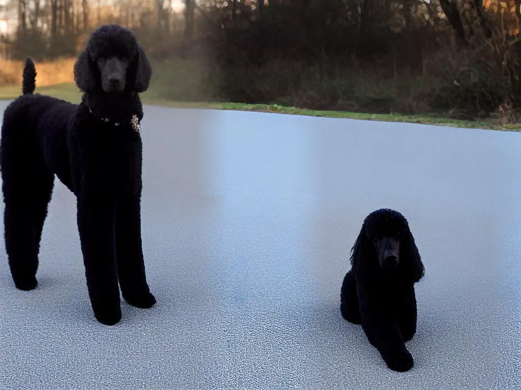 A black standard poodle dog, standing gracefully with a long, elegant hair coat, with its rear right leg raised up, crossing it's right front leg, its head high and ears slightly flopped, is staring beautifully into the camera.