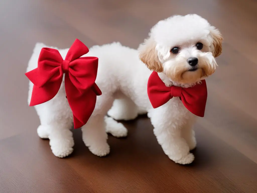 A teacup poodle sitting on a wooden floor looking into the camera, wearing a red bow on their neck