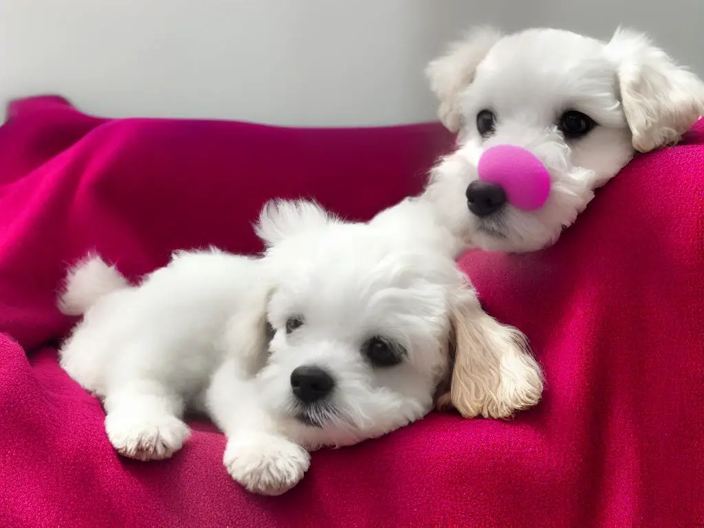 A photo of a white Teacup Poodle sitting on a pink blanket with a ball in its mouth