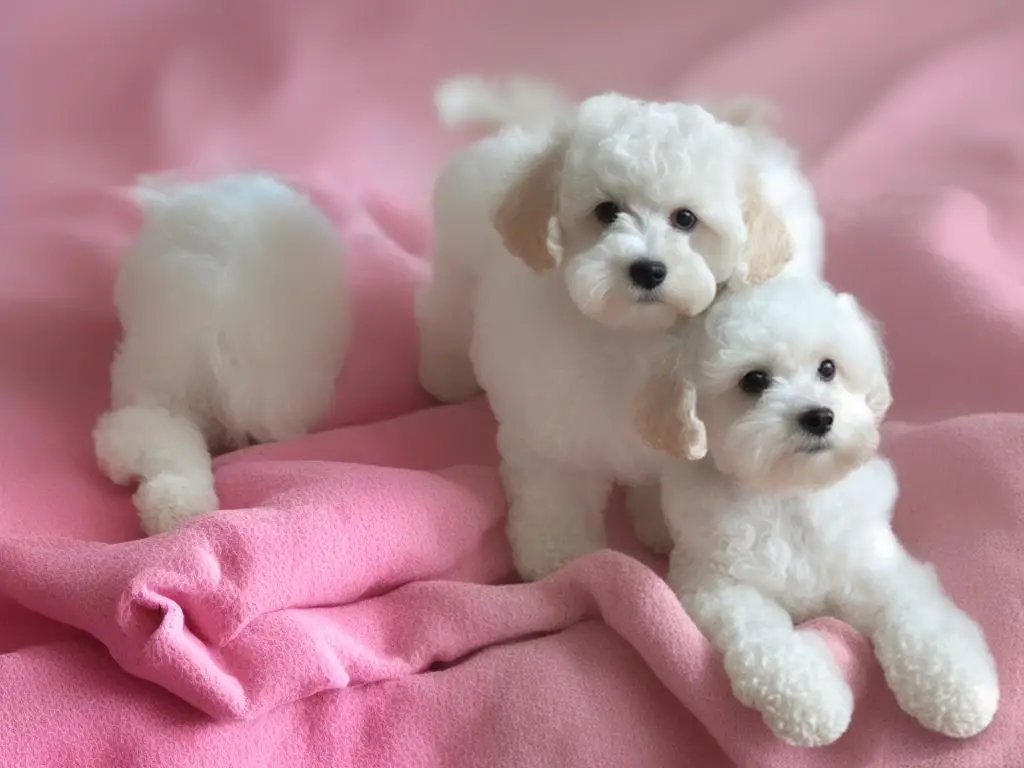 A white Teacup Poodle standing on a pink and white blanket looking curiously into the camera