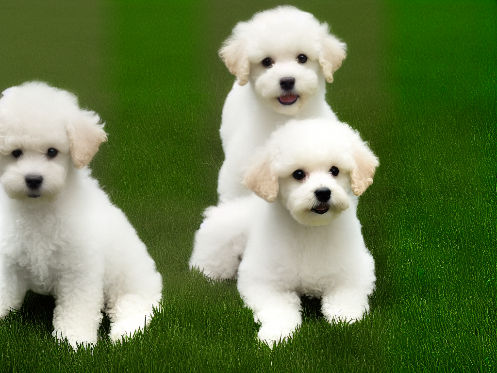 A fluffy white Toy Poodle with a playful expression sitting on green grass
