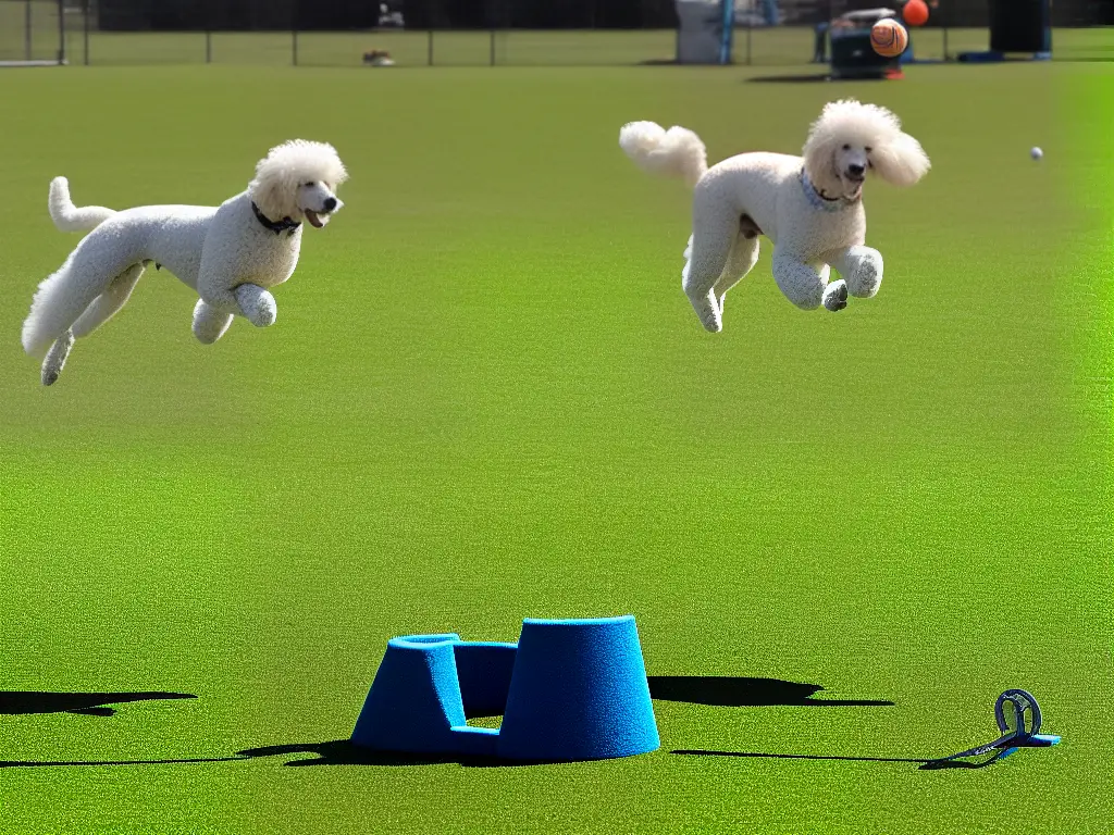 An image of a poodle jumping through a hoop at an agility training session