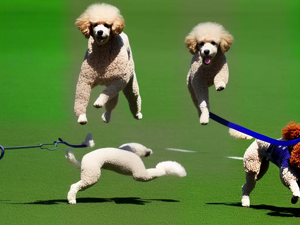 An image of a poodle jumping through a hoop during agility training