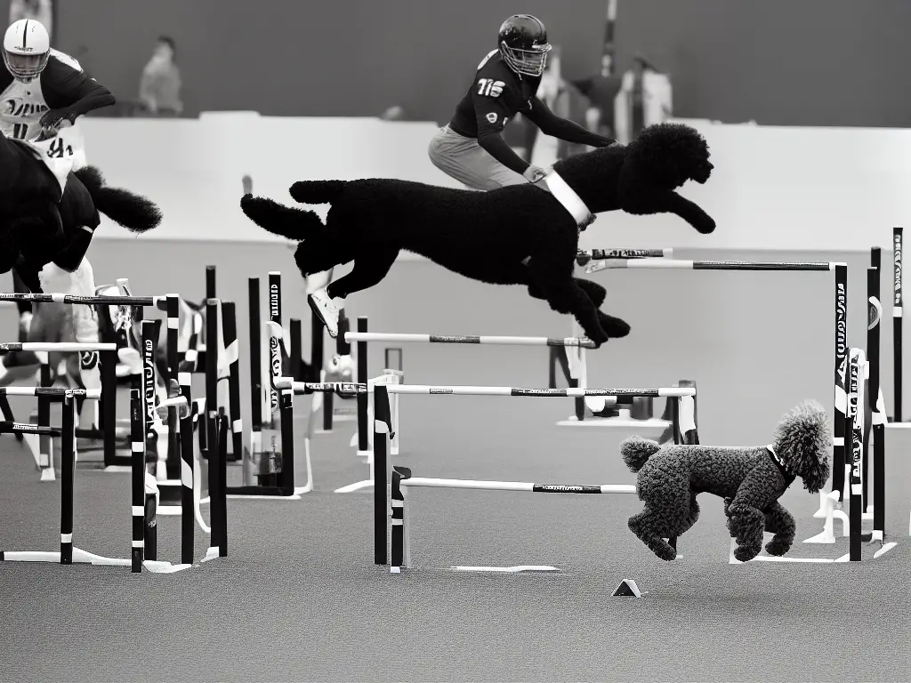 A black and white photo of a poodle jumping over a hurdle with its trainer cheering it on.