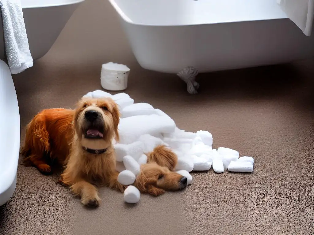 A dog inside a dry bathtub with brushes, shampoo, towels, and cotton balls lying on the floor next to it.