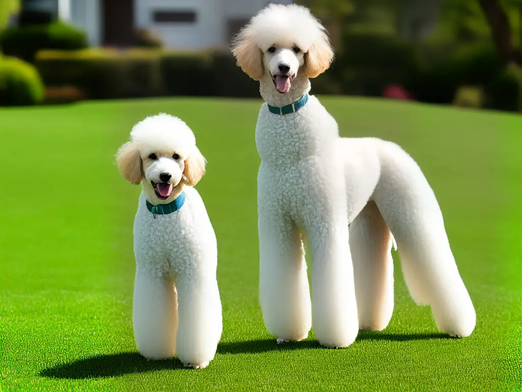 A cute and friendly poodle standing on a green lawn, looking towards the camera with its tongue out.
