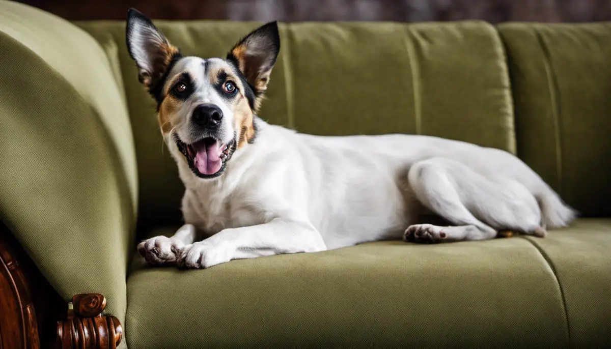 A dog lying on a couch with a confused expression.