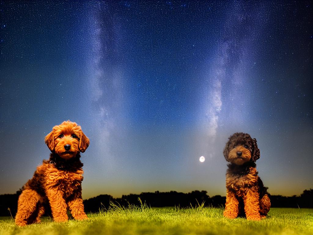 A cute little Cockapoo sitting under a starry night sky with the moon and Orion constellation visible.