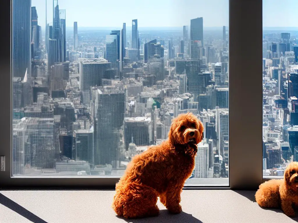 A picture of a Cockapoo sitting on a chair looking out a window with a cityscape in the background.