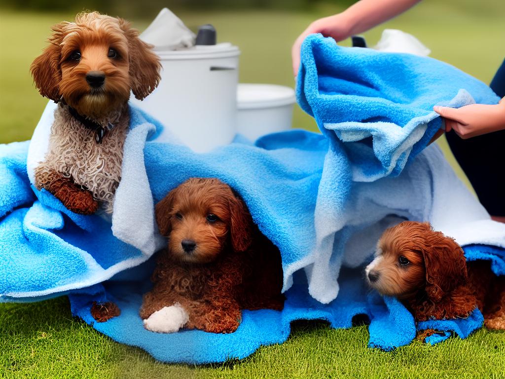 A cockapoo dog getting dried with a towel after swimming in a lake.