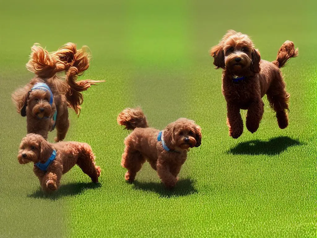 A Cockapoo dog running through a field