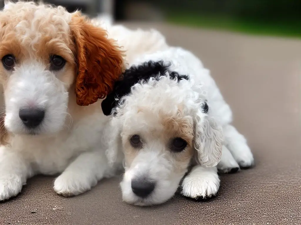 A small curly-haired dog with a white base color, black patches on its back, and a black head.