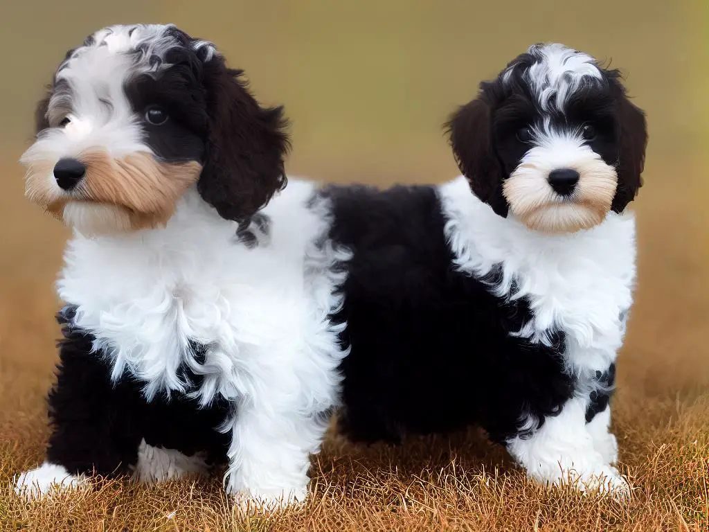 An illustration of a Cockapoo with a variety of coat colors and patterns, including black, white, apricot, roan, and parti.