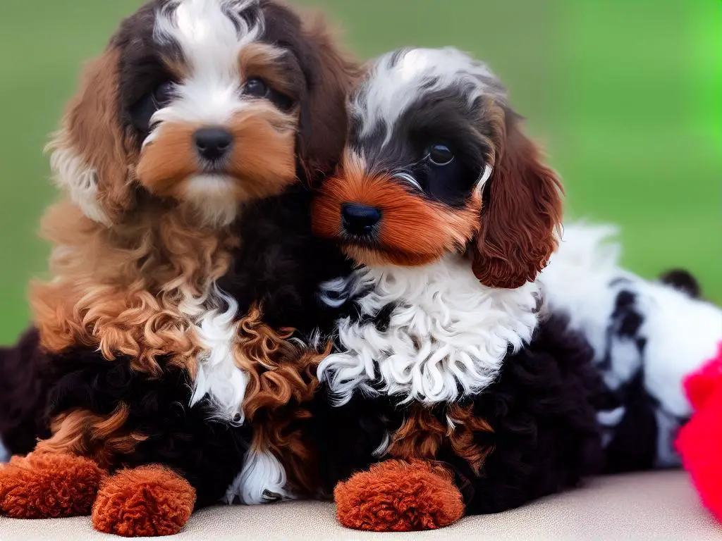 A picture of a Cockapoo with a coat showing various colors including black, chocolate, red, apricot, and cream, as well as a merle and phantom pattern.