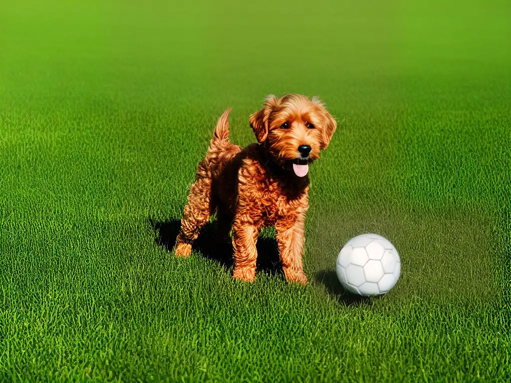 A picture of a dog breed called Cockapoo playing with a ball in a green field.
