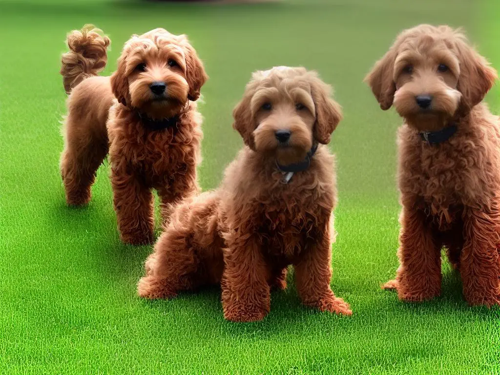One image shows a comparison between a Cockapoo and a Goldendoodle. The Cockapoo is smaller and has a round head, while the Goldendoodle is larger and has a broad head shape. Both have curly coats.