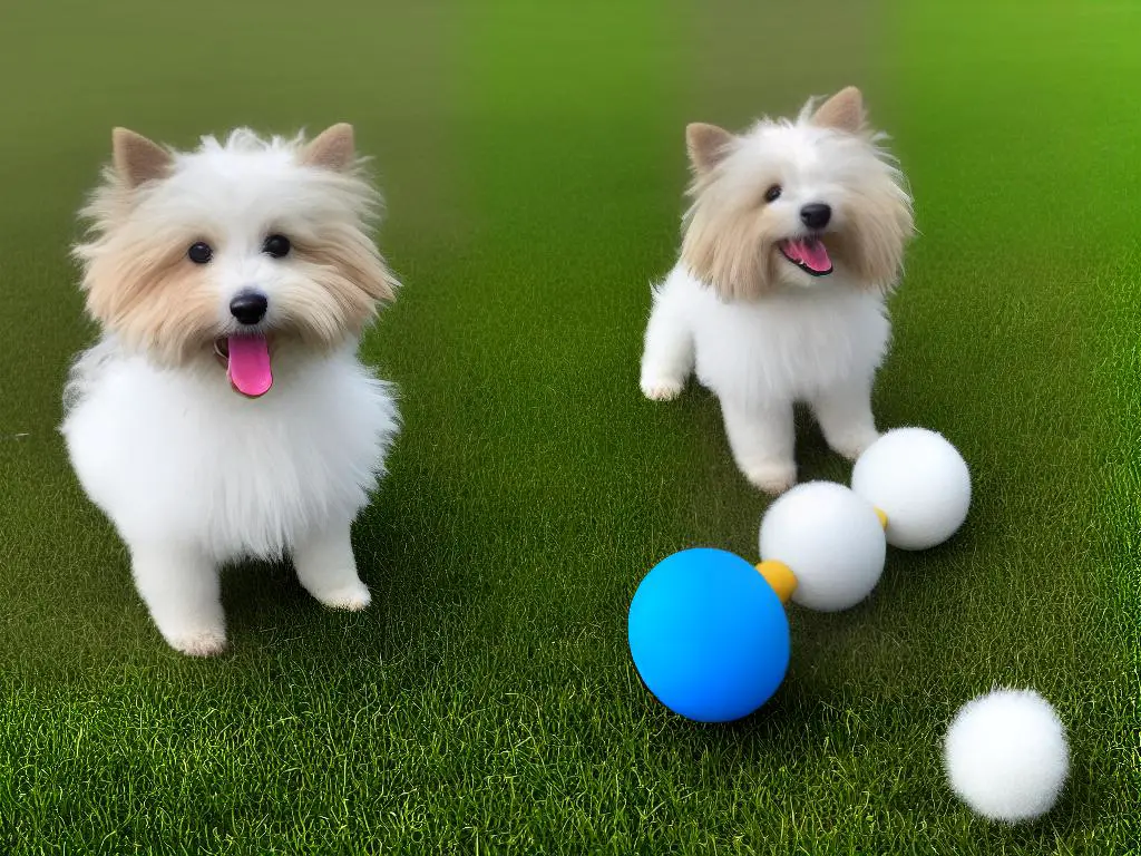 A small, fluffy, curly-haired dog with white, beige and brown fur, standing on a grassy lawn with a blue and yellow toy in its mouth.