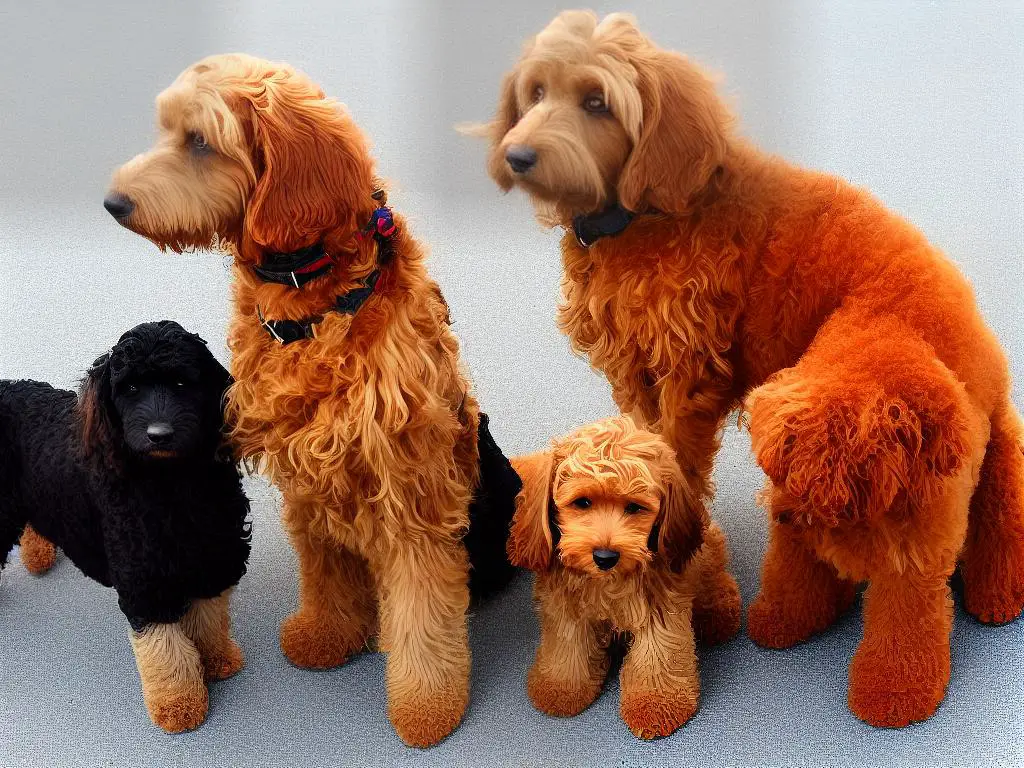 An image showing a Cockapoo on one side, and a Labradoodle on the other, standing side-by-side as a size comparison.