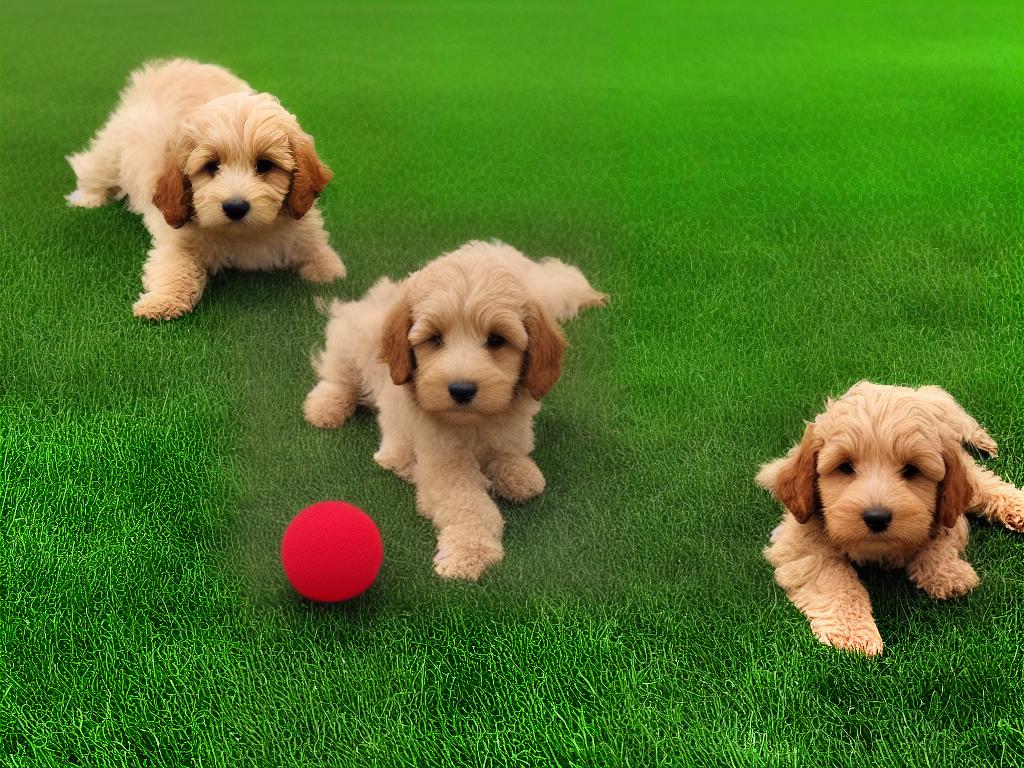 A picture of a Cockapoo laying on a green lawn with a red ball in the background.