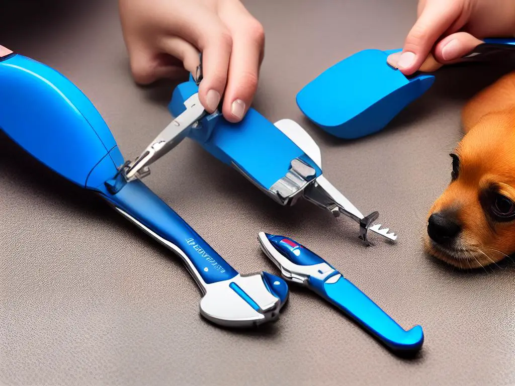 A small dog's paw being held and having its nails clipped on a blue surface with a nail clipper next to it.