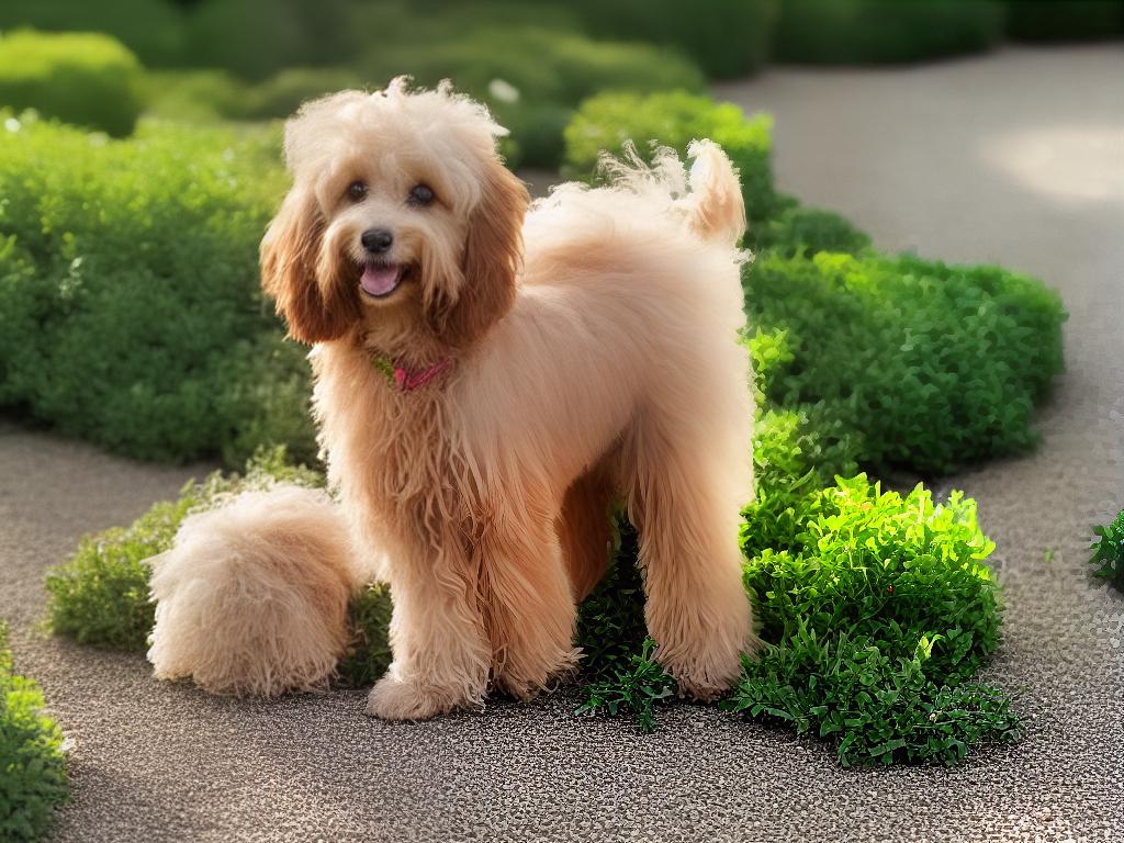 A happy and fluffy cockapoo dog playing in a garden.