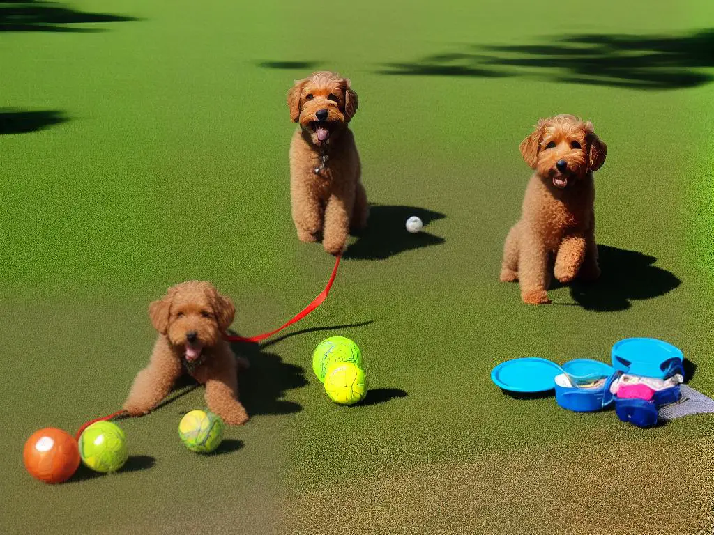 A dog playing with a ball, a person holding a leash, and various food items surrounding them, representing nutrition, exercise, and mental stimulation for a Cockapoo.