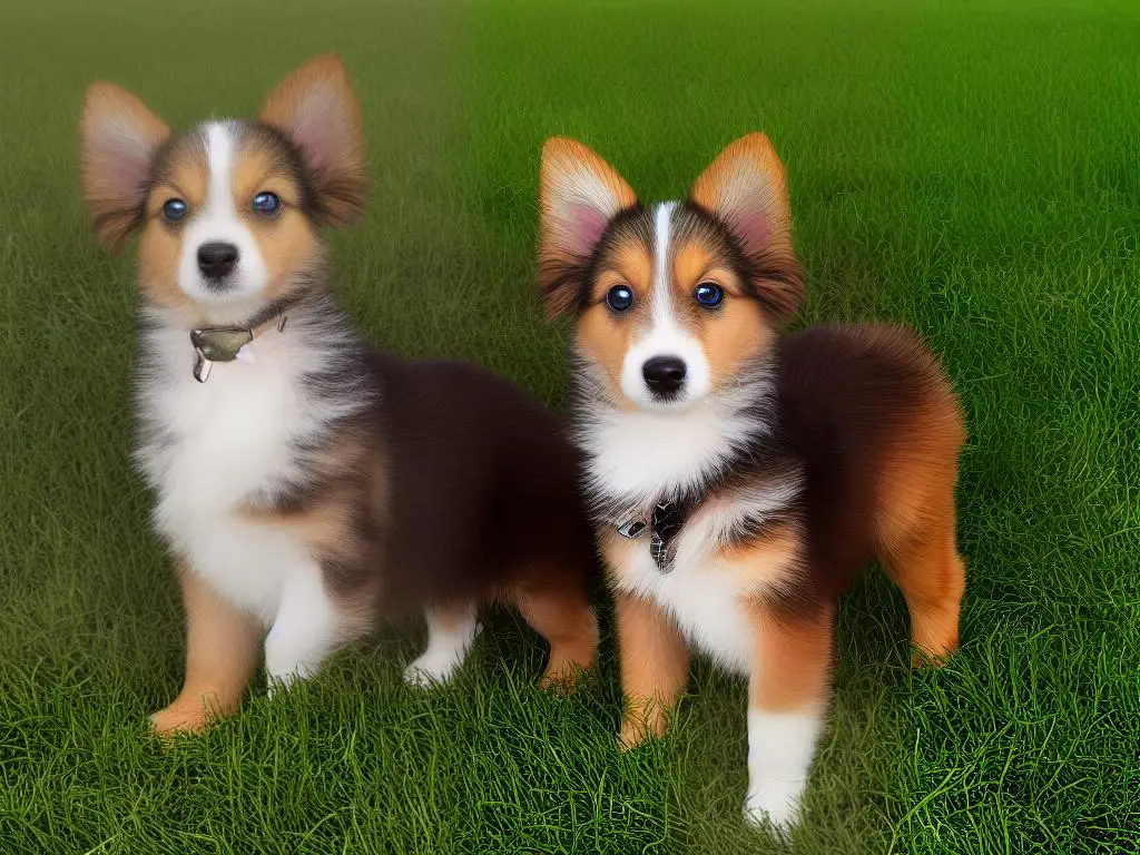 An adorable puppy with wavy brown fur, sitting on a grassy field and looking up to the camera with big, happy eyes.