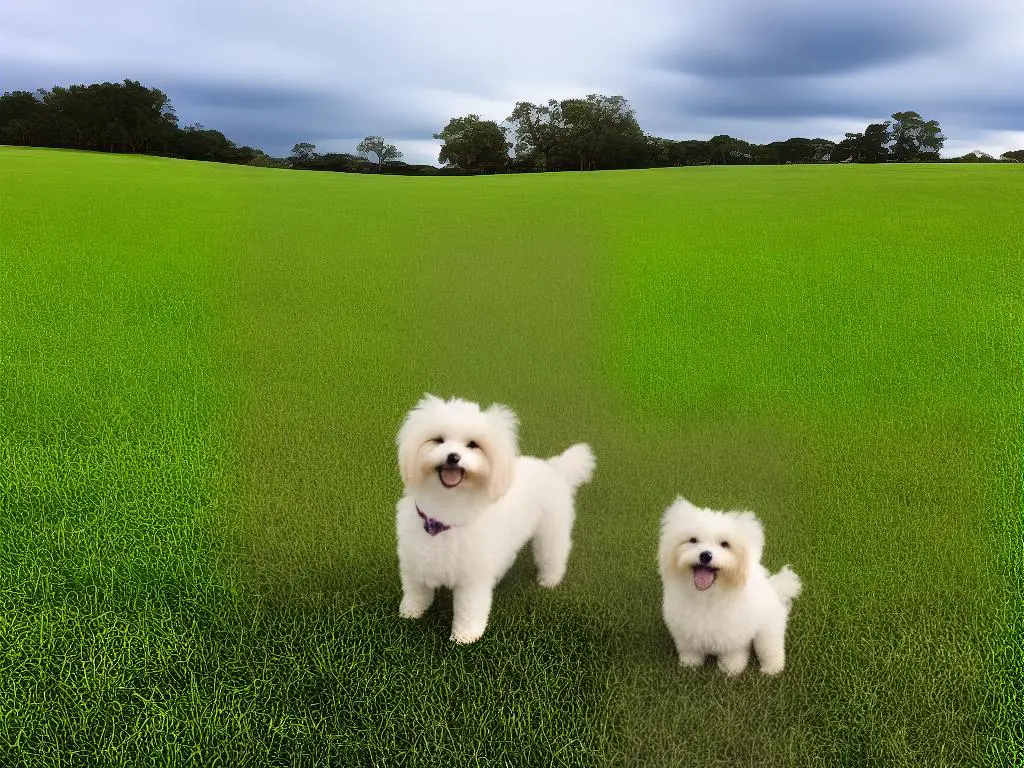 A small, fluffy dog with curly ears and a joyful expression sitting on a grass field.