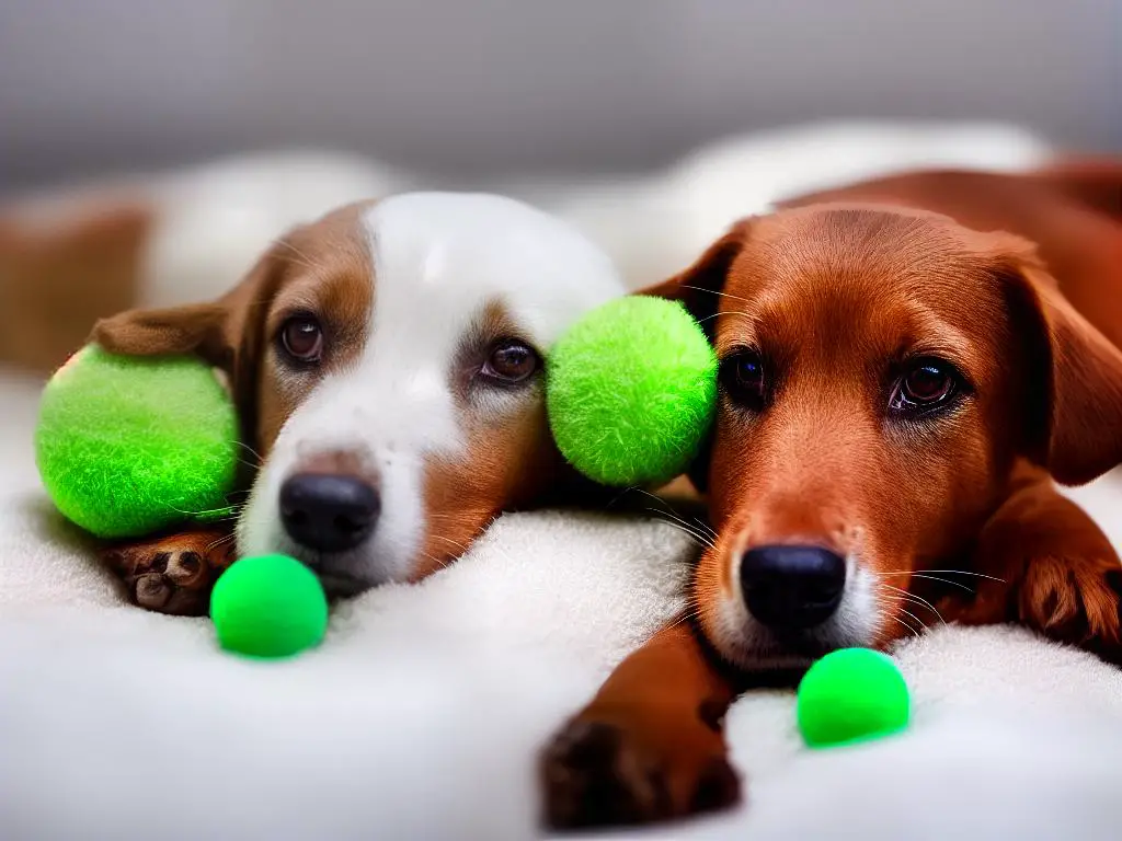 A small, brown dog sits alone on a white, fluffy bed with one paw on a green ball toy.