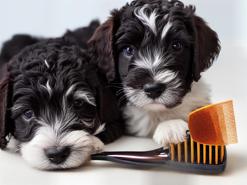 A drawing of a Cockapoo puppy with curly fur next to a hairbrush and a comb.