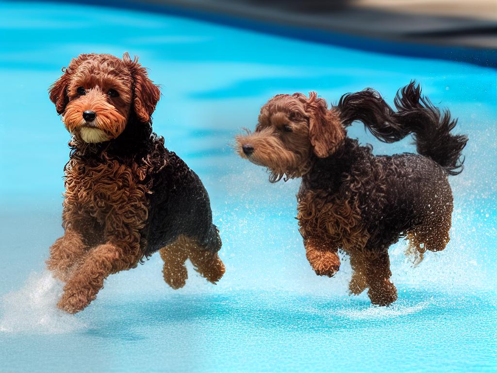 A picture of a Cockapoo swimming in a pool.