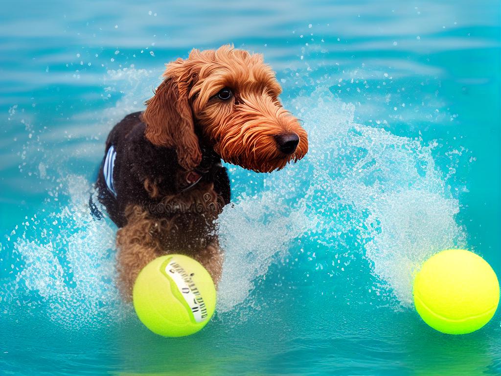 Cockapoo happily swimming in a pool with tennis ball.
