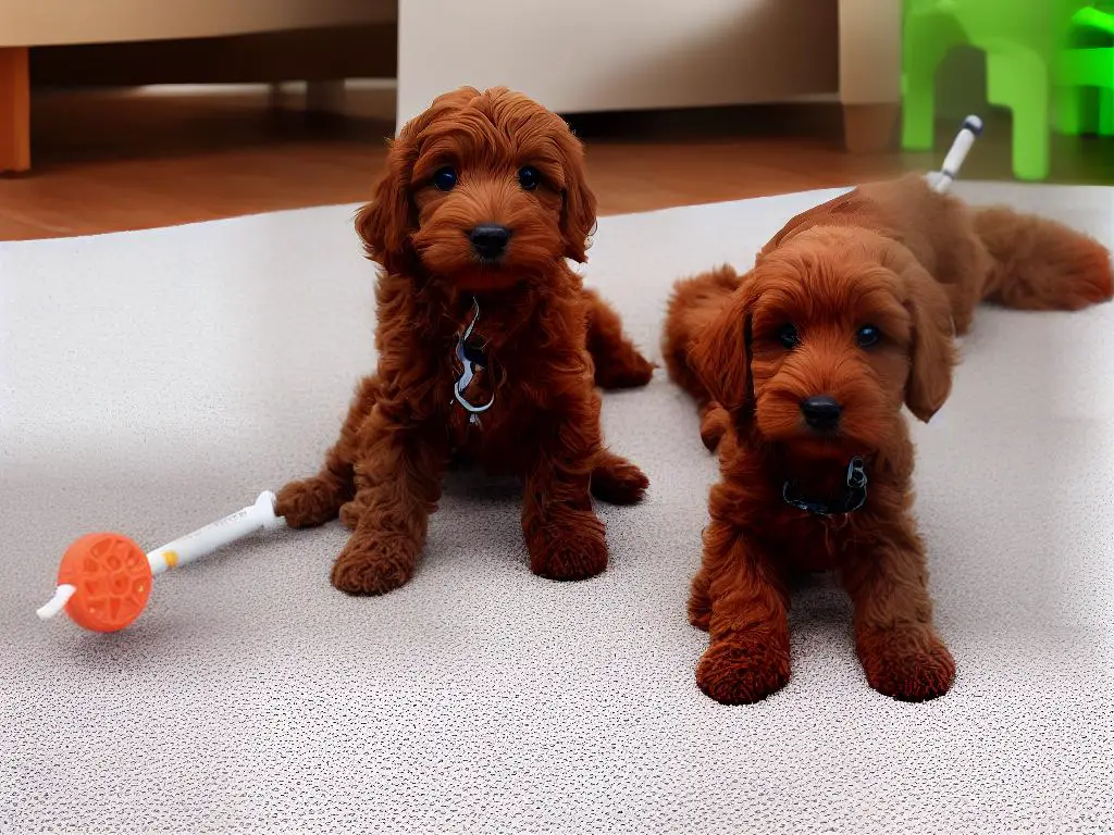 A Cockapoo playing with a toy, trying to figure out how to get the treats out of it.