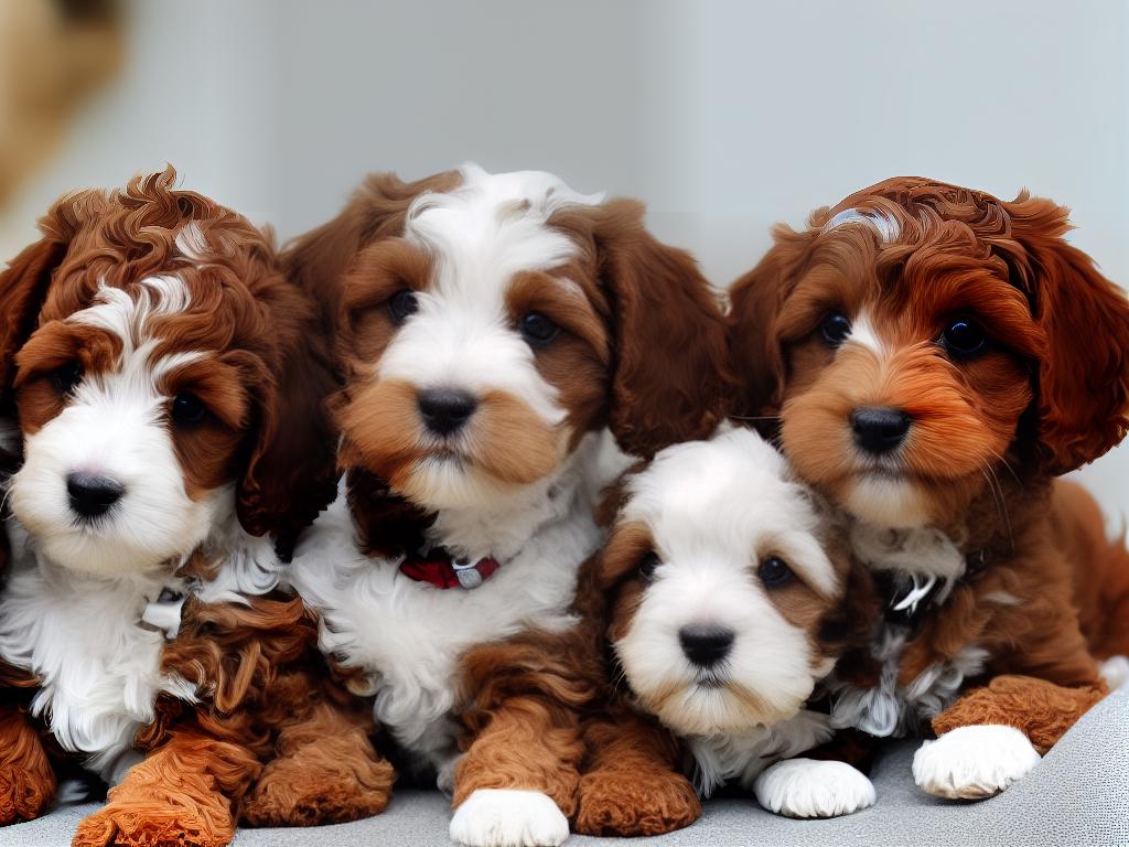An image with two adorable puppies, a Cockapoo and a Cavapoo, sitting side by side, staring at the camera.