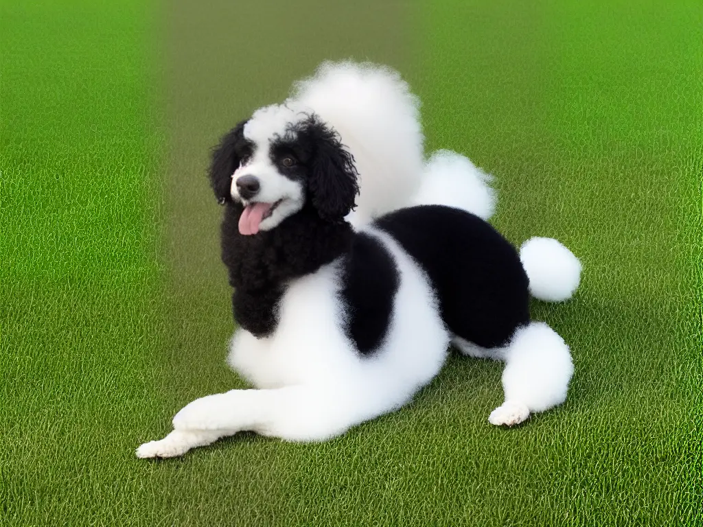 A black and white poodle mix sitting on a green lawn with its tongue out.