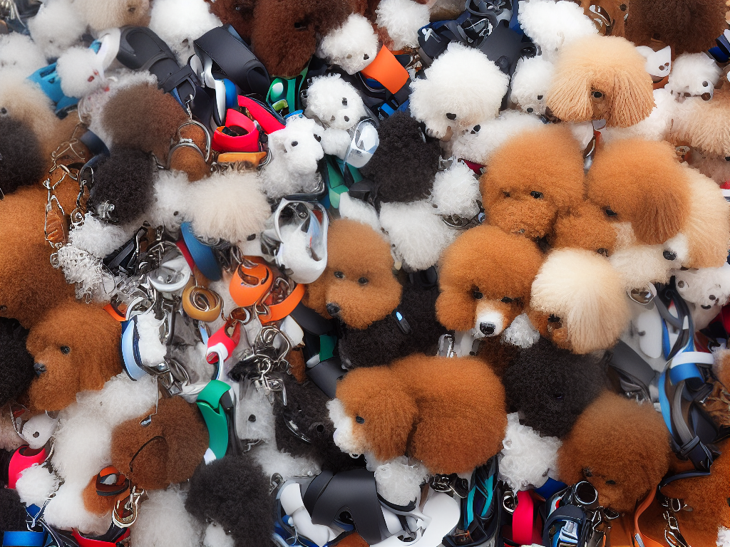 A cartoon image of different types of collars and leashes for poodles, including flat collars, martingale collars, head collars, nylon leashes, leather leashes, hemp leashes, standard leashes, retractable leashes, trigger snap hooks, and double-ended leashes.