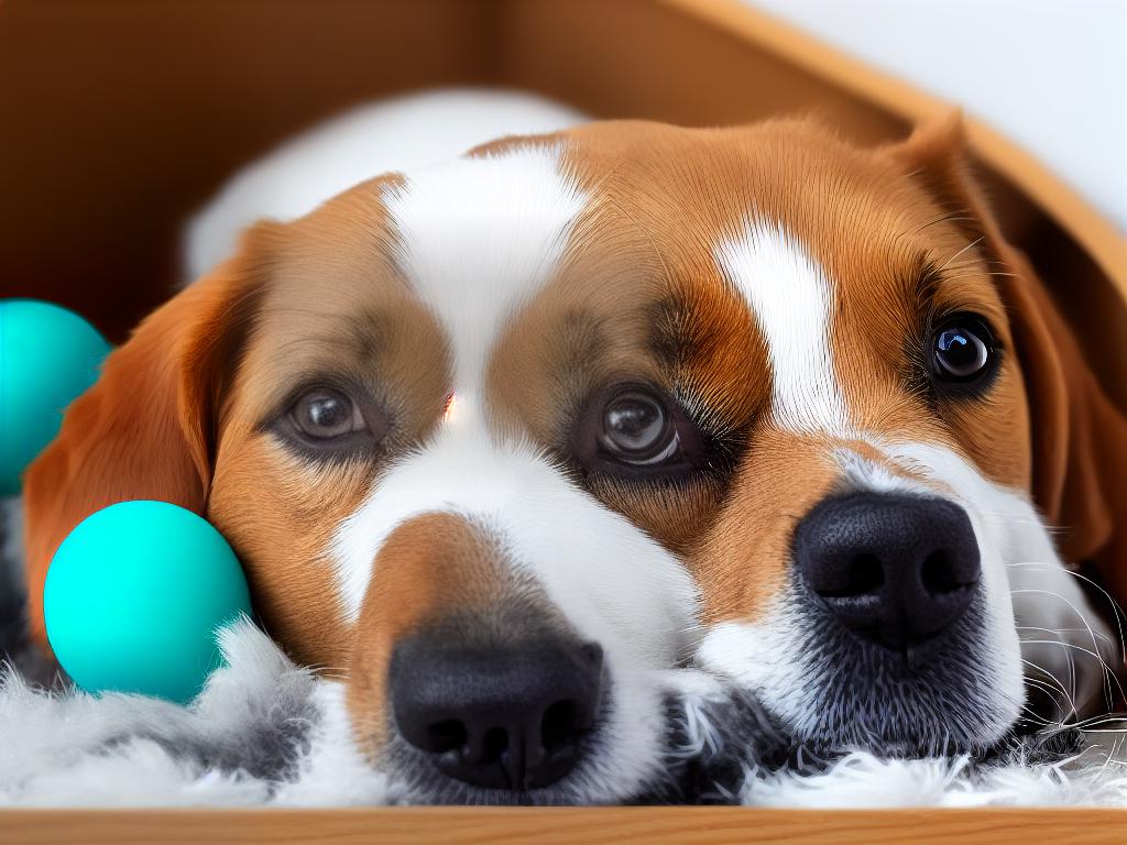 A cartoon image of a dog with a thought bubble, looking happy and relaxed inside a crate filled with toys and a cushion.
