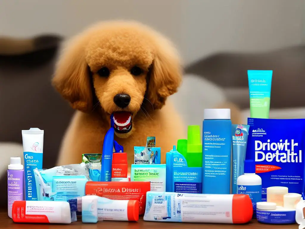 A picture of a poodle brushing its teeth with different dental care products such as toothbrush, toothpaste, dental chews, and diet supplements displayed beside it.