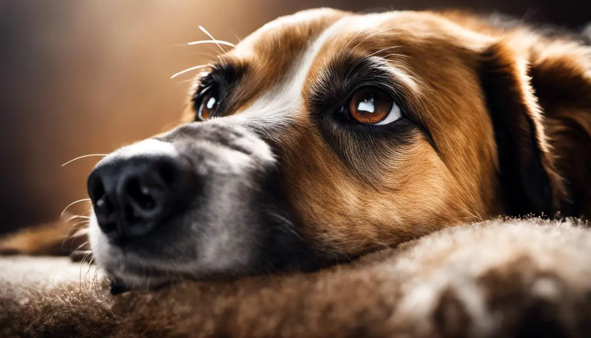 Image illustrating a dog's bad breath, showing an unhappy dog covering its nose with its paws.