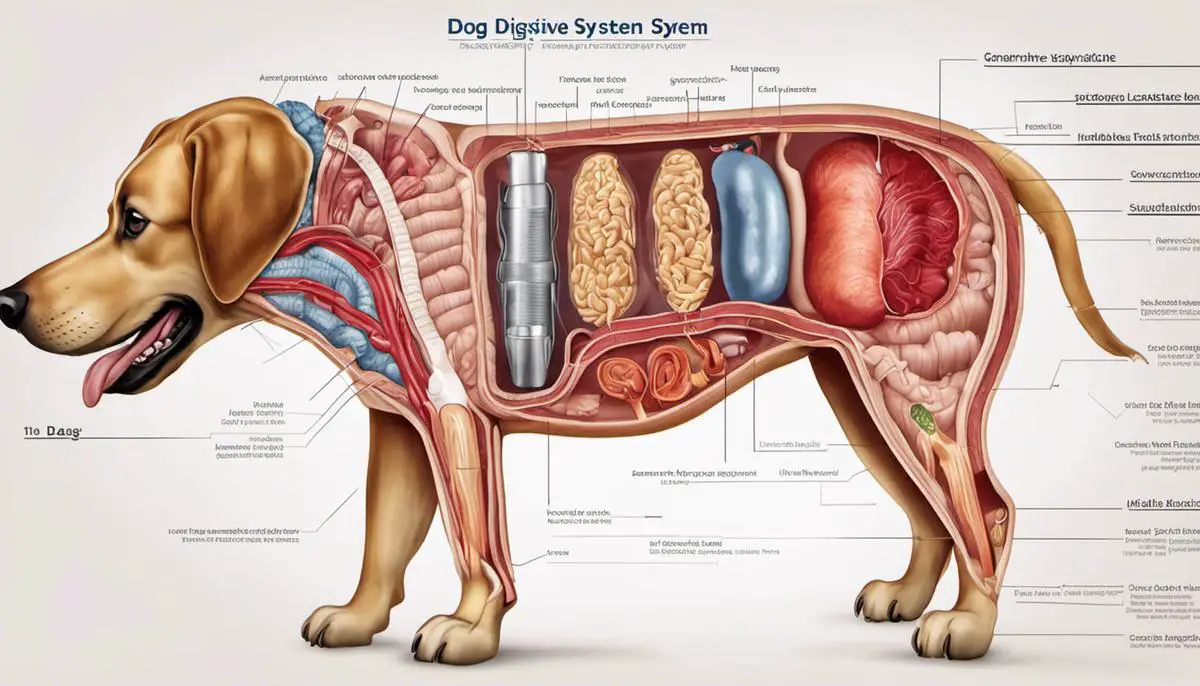 Illustration showing the dog digestive system, with labels for the mouth, stomach, small intestine, large intestine, and waste expulsion.