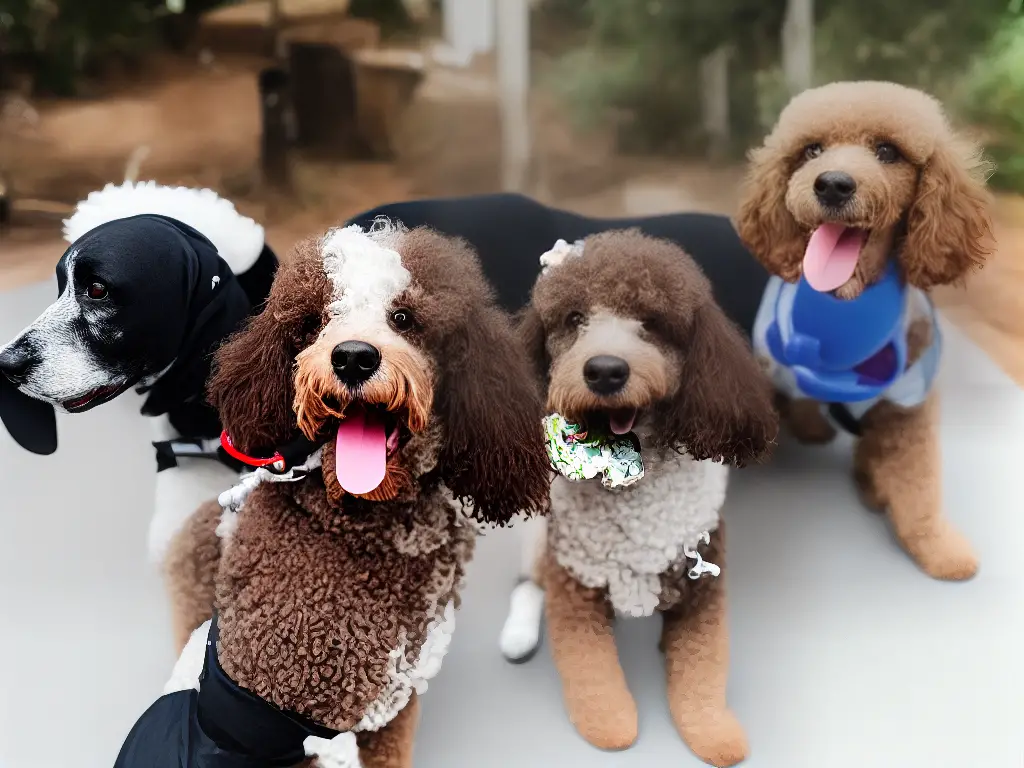 A smiling poodle mix dog sitting next to its owner and looking up at them with a toy in its mouth.