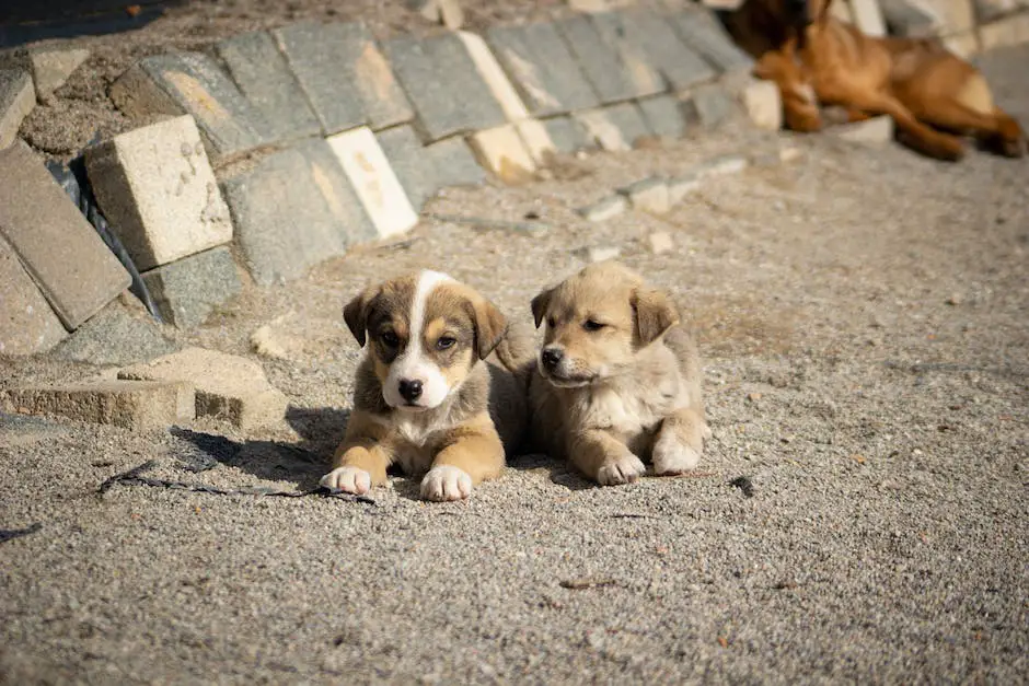 A picture of two puppies sitting facing each other with a person training them.