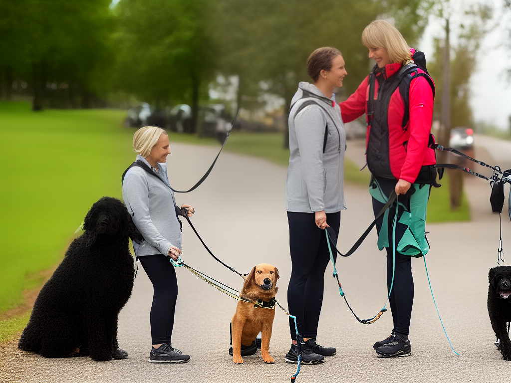 A woman is getting ready to go for a walk with her dog who is sitting obediently next to her on a leash.