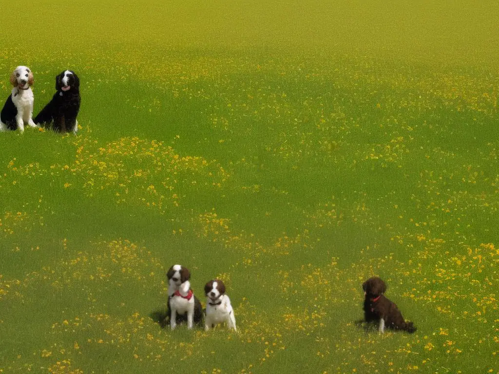 A Double Doodle dog sitting on a green field with flowers